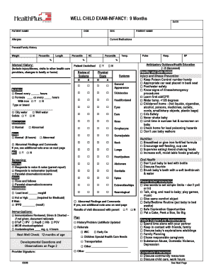 Well Child Exam Form - 9 Months