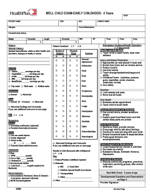 Well Child Exam Form - Early Childhood 4 Years