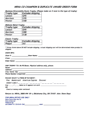NRHA Champion and Duplicate Award Order Form