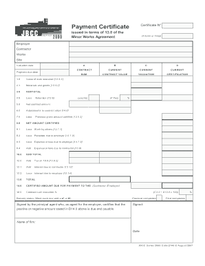 Payment Certificate for Minor Works Agreement