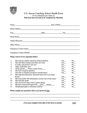 US Soccer Coaching School Health Form