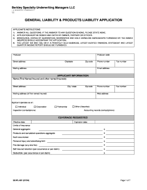 General Liability & Products Liability Application