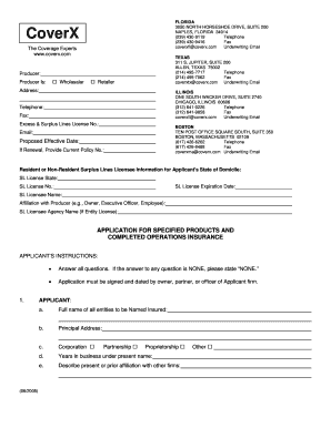 Application for Specified Products and Completed Operations Insurance