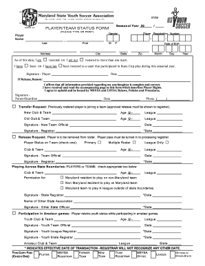 Maryland Player Team Status Form