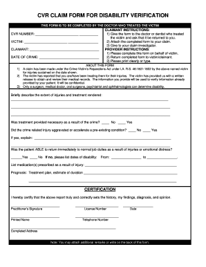 CVR Claim Form for Disability Verification