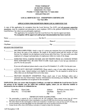 Penn Township Local Services Tax Exemption Certificate