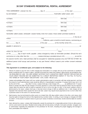 30 Day Standard Residential Rental Agreement