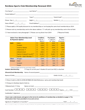 Rainbow Sports Club Membership Renewal Form
