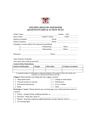 Epilepsy Seizure Disorder Questionnaire and Action Plan