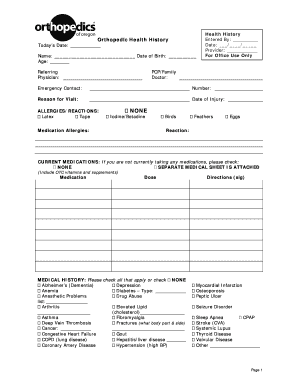 Orthopedic Health History Form