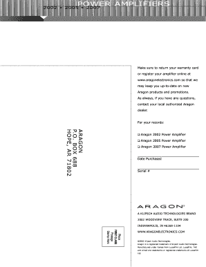 Aragon Power Amplifier Warranty Card