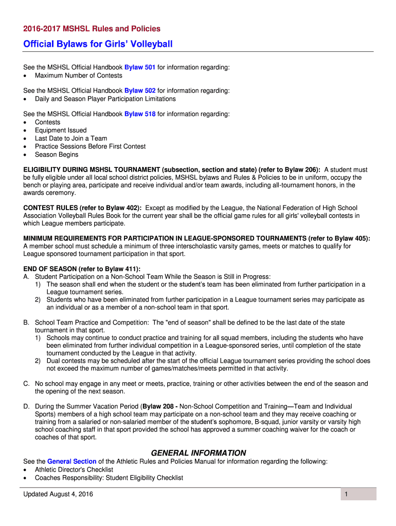 Fillable Online Official Bylaws for Girls Volleyball Fax Email Print