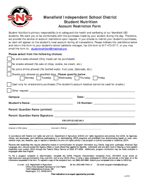 Mansfield ISD Student Nutrition Account Restriction Form