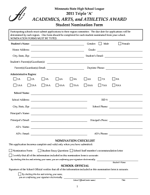 Minnesota State High School League Triple ‘A’ Award Nomination Form