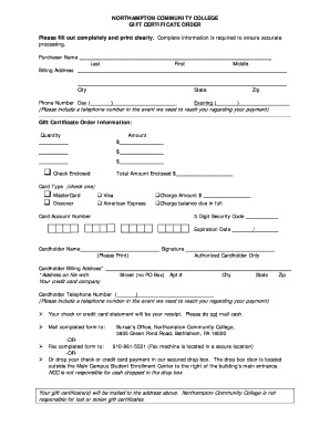 Northampton Community College Gift Certificate Order