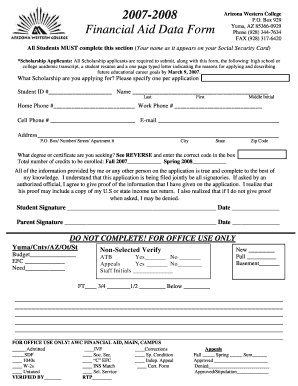 Arizona Western College Financial Aid Data Form