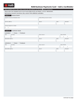 NAB Business Payments Card Add Cardholder Form