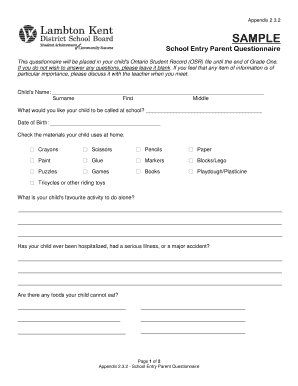 School Entry Parent Questionnaire