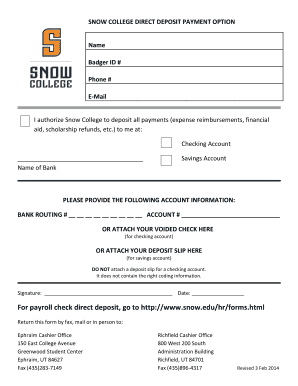 Snow College Direct Deposit Payment Option