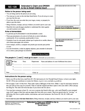 California Small Claims Court Defendant's Claim and Order