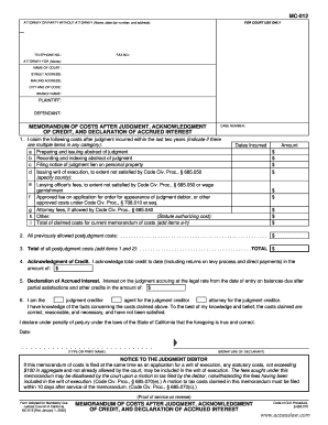 California Memorandum of Costs After Judgment