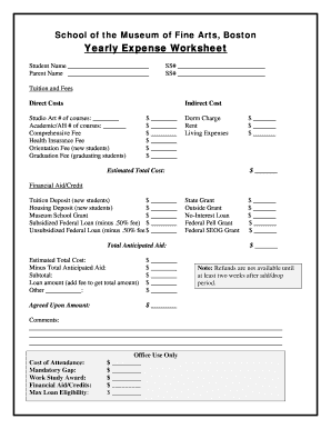 School of the Museum of Fine Arts Boston Yearly Expense Worksheet