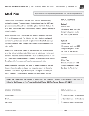 SMFA Meal Plan Selection Form