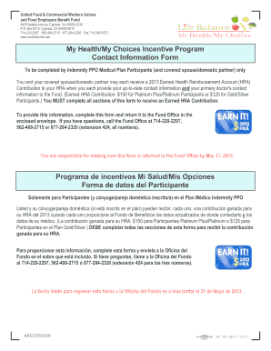 My Health/My Choices Incentive Program Contact Information Form