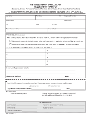 Philadelphia School District Transfer Request