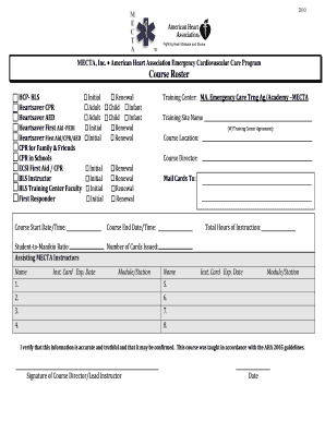 American Heart Association Emergency Cardiovascular Care Course Roster