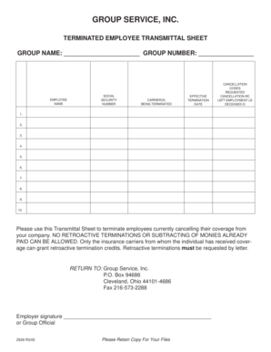 Employee Termination Transmittal Sheet