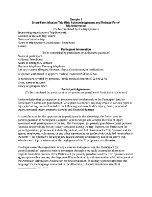 Short-Term Mission Trip Risk Acknowledgement and Release Form