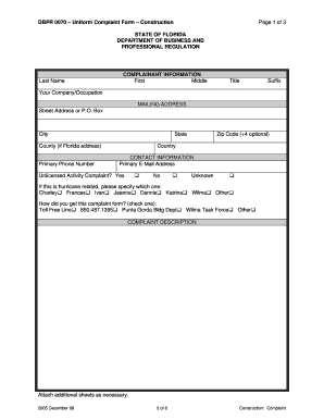 Florida Construction-Related Complaint Form