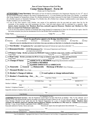 Sons of Union Veterans Camp Status Report Form 30
