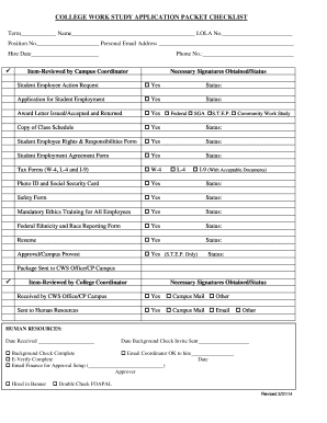 College Work Study Application Packet Checklist