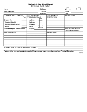 Redlands Unified School District Enrollment Health History