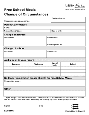Free School Meals Change of Circumstances Form