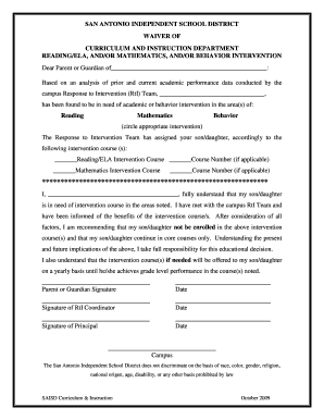San Antonio ISD Curriculum Intervention Waiver