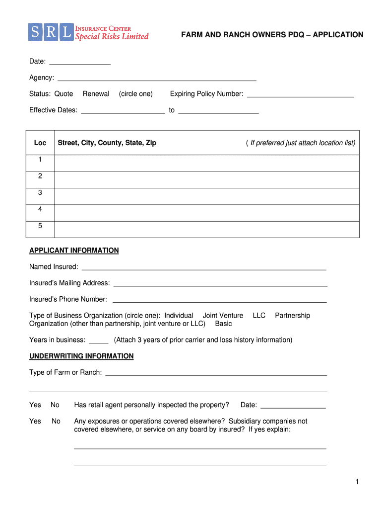 Fillable Online FARM AND RANCH OWNERS PDQ APPLICATION Fax Email Print ...