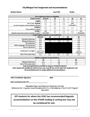 STAAR Test Assignment and Accommodations Form