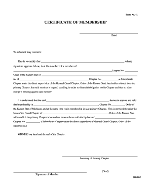 Certificate of Membership for Order of the Eastern Star