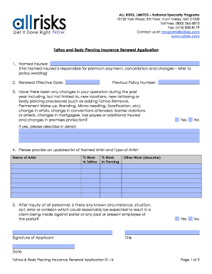 Tattoo and Body Piercing Insurance Renewal Application