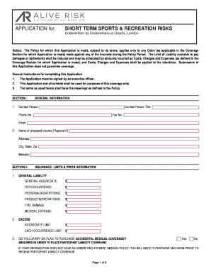 Short Term Sports and Recreation Insurance Application