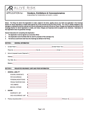Vendor Exhibitor Concessionaire Insurance Application