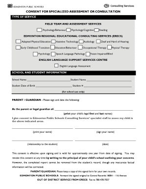 Consent for Specialized Assessment or Consultation