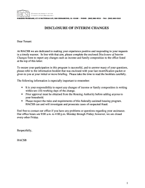 Disclosure of Interim Changes Form