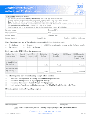 Healthy Weight for Life Follow Up Referral Form