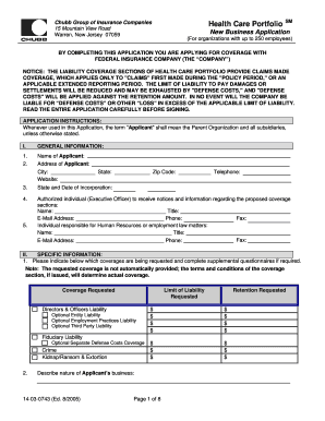 Chubb Health Care Portfolio New Business Application