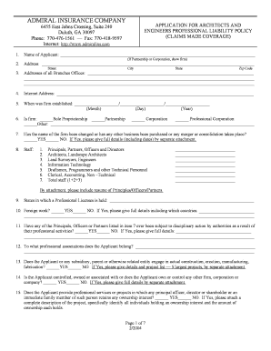 Architects and Engineers Professional Liability Policy Application