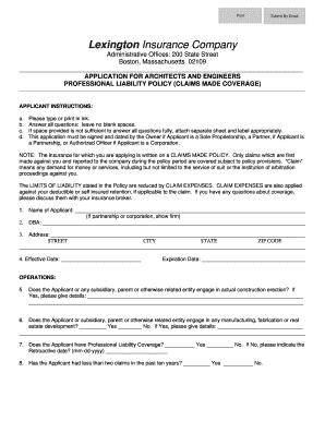 Architects and Engineers Professional Liability Policy Application